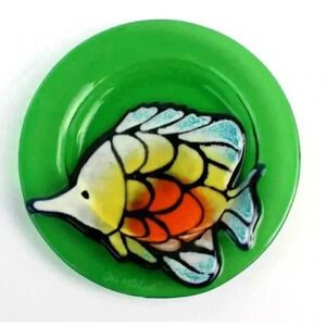 Vintage Signed Jan Michael Green Glass Fish Tropical Trinket Jewelry Plate